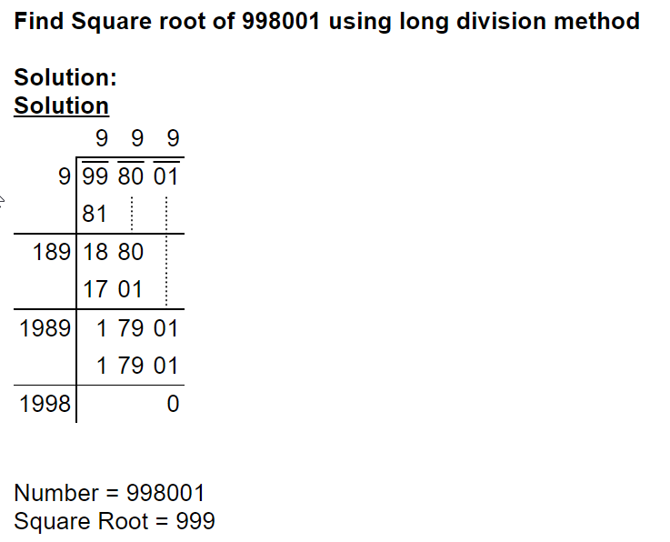 © 2022 AtoZmath.com. Square root of 998001 using long division