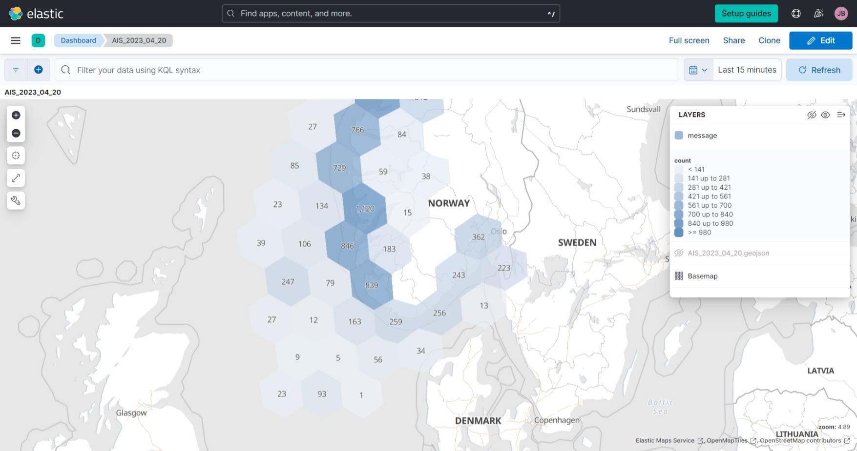 Cluster map with hexagons, by message count for AIS_2023_04_20.geojson