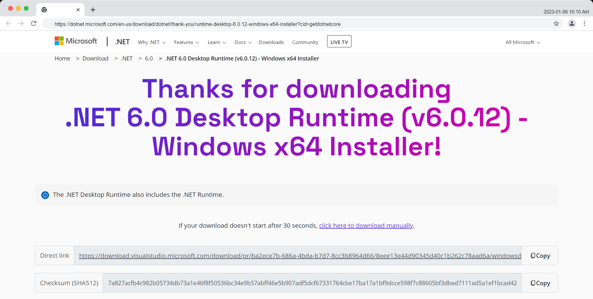 .NET 6.0 Desktop Runtime (v6.0.12) - Windows x64 Installer