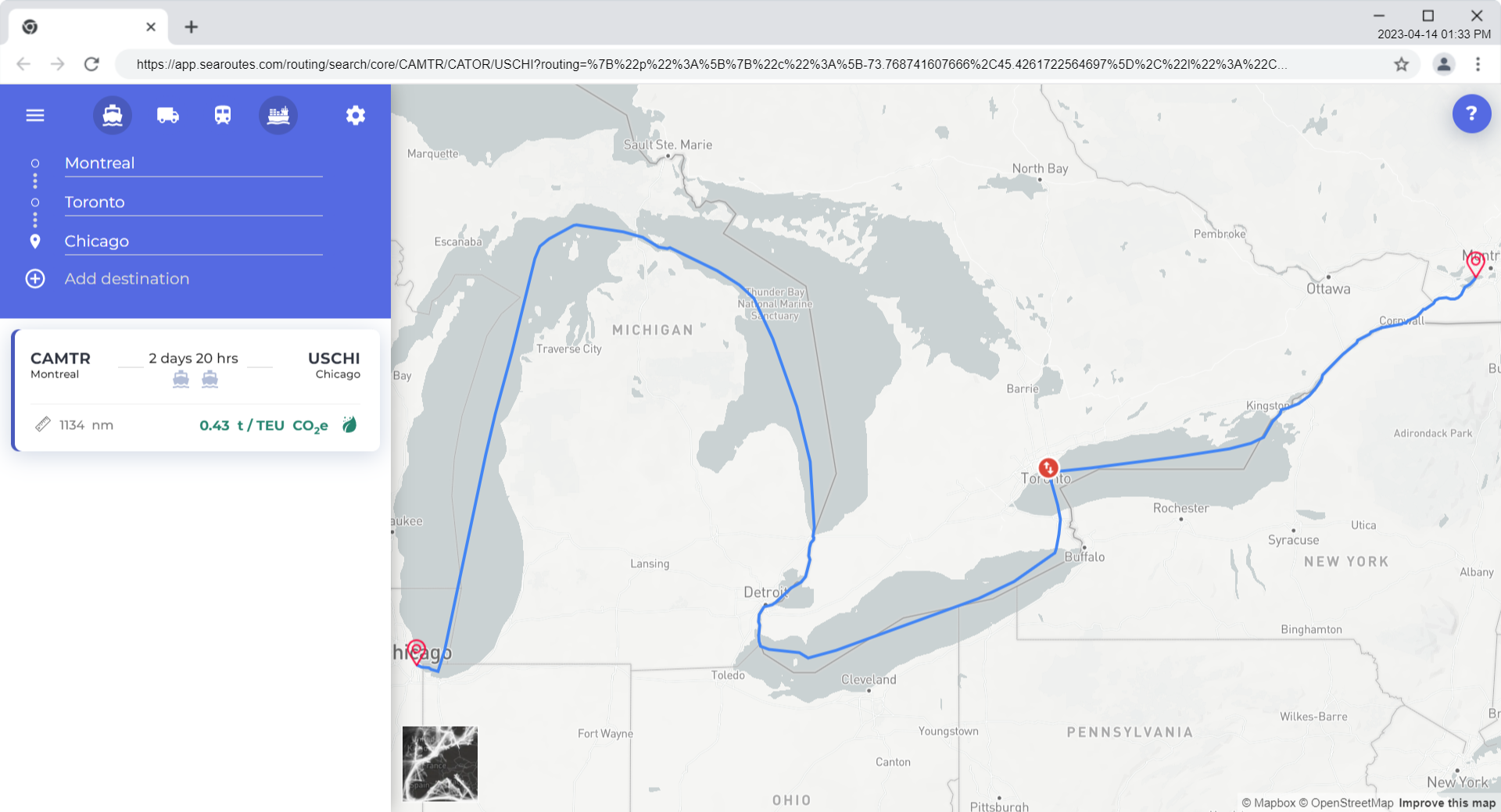 Itinerary distance and CO2 from Montreal to Chicago