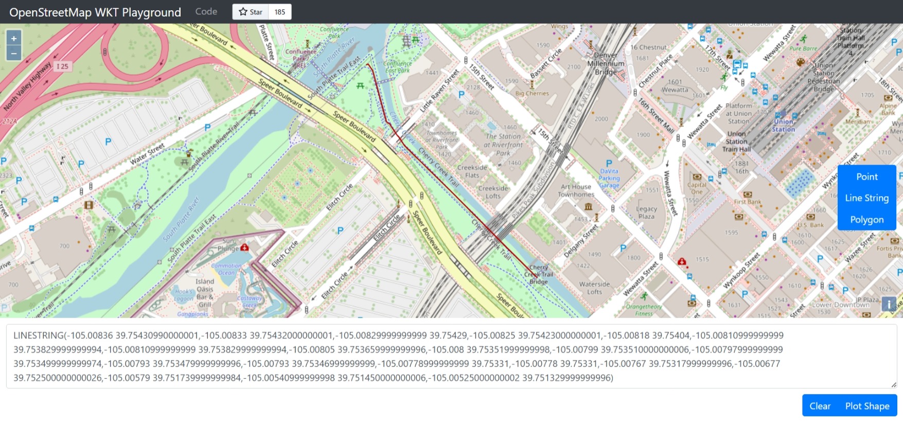 OpenStreetMap WKT Playground: 20 points with LINESTRING
